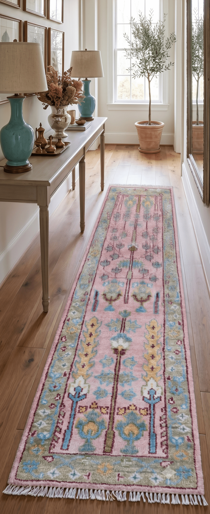 Quick Ship 2.6x8 Hand Knotted Tree of life Pink And Olive Wool Rug - The Rug Decor