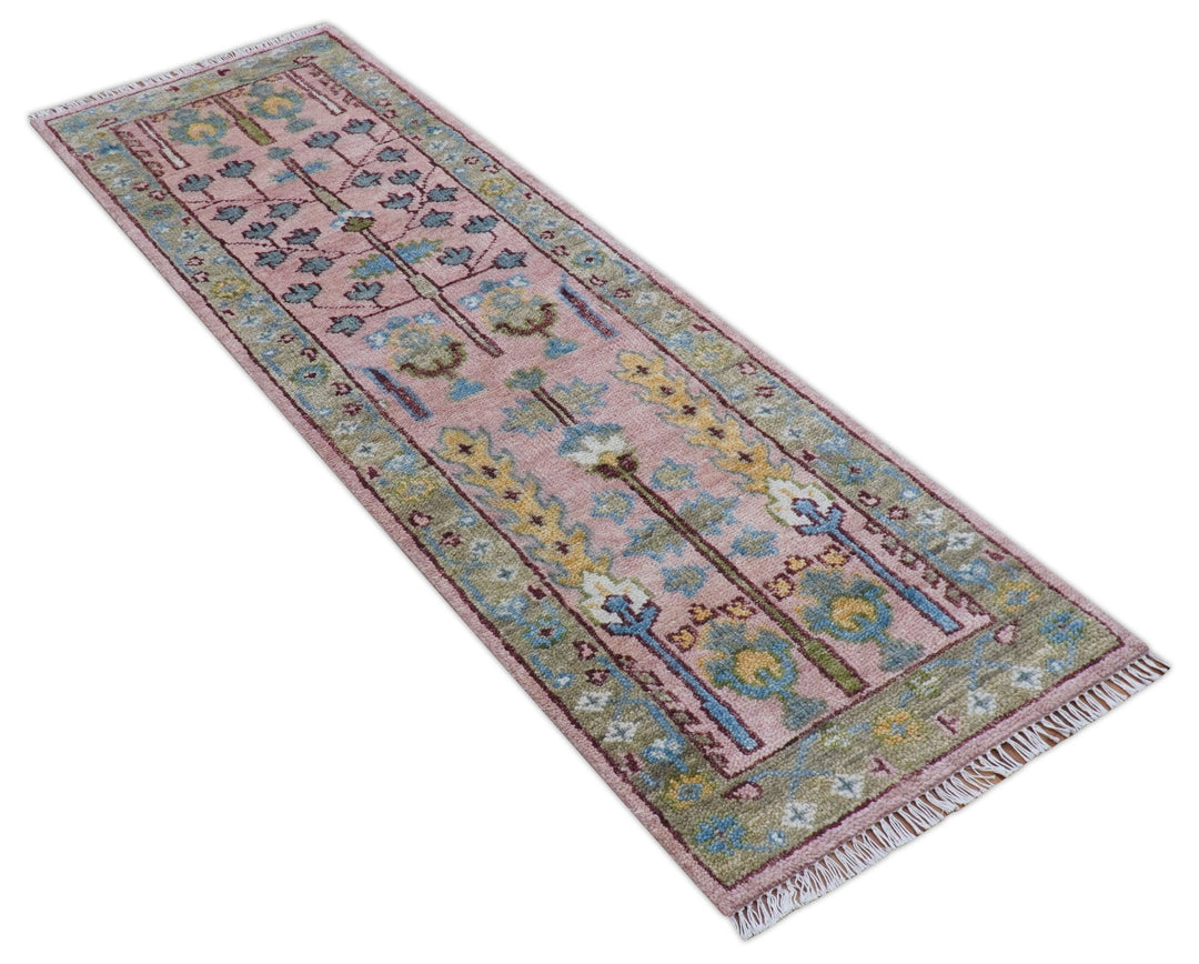 Quick Ship 2.6x8 Hand Knotted Tree of life Pink And Olive Wool Rug - The Rug Decor