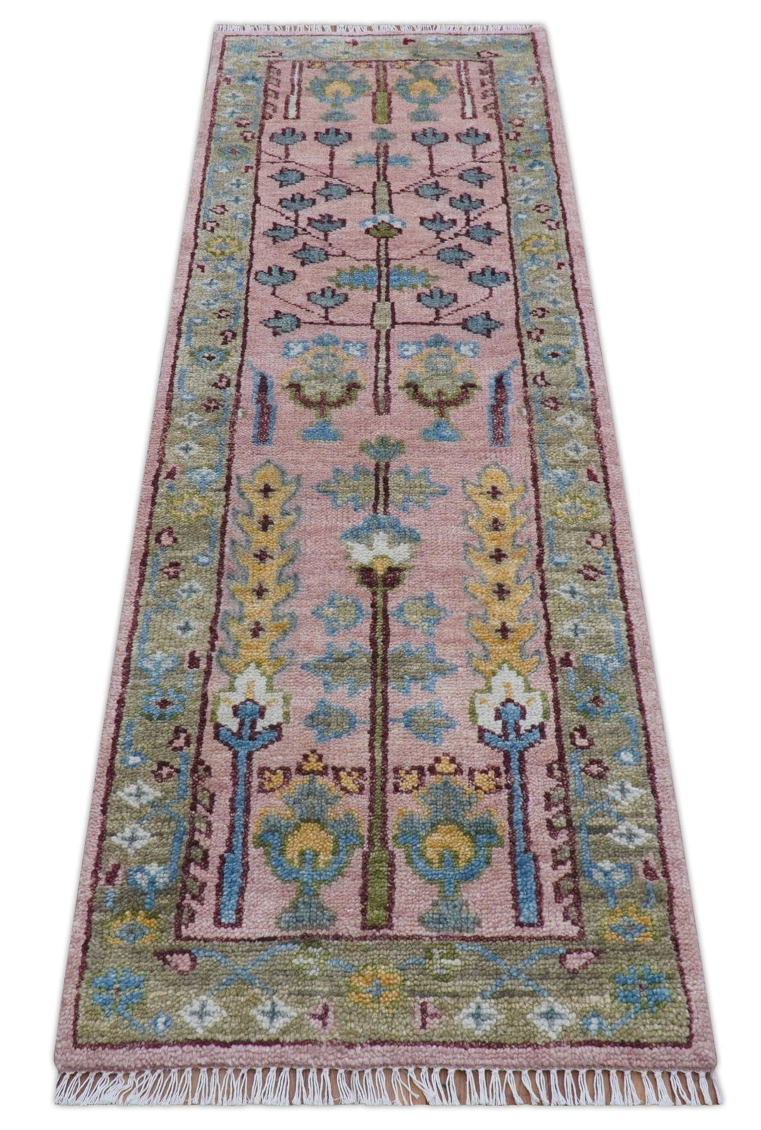 Quick Ship 2.6x8 Hand Knotted Tree of life Pink And Olive Wool Rug - The Rug Decor
