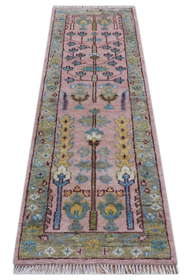 Quick Ship 2.6x8 Hand Knotted Tree of life Pink And Olive Wool Rug - The Rug Decor