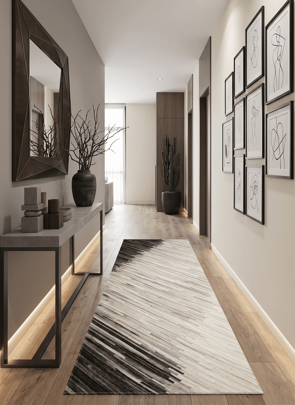 Quick Ship 2.6x8 Handmade Modern Stripe Gray And Ivory Leather Rug - The Rug Decor