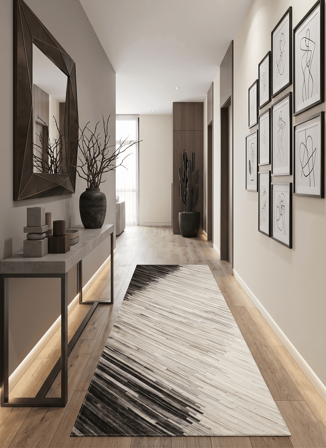 Quick Ship 2.6x8 Handmade Modern Stripe Gray And Ivory Leather Rug - The Rug Decor