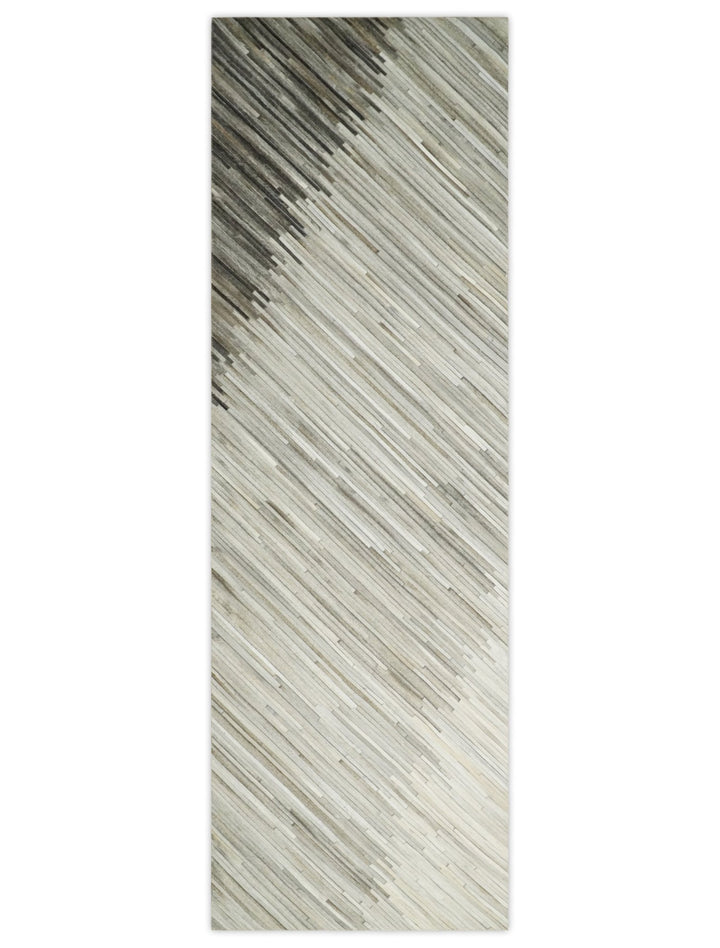 Quick Ship 2.6x8 Handmade Modern Stripe Gray And Ivory Leather Rug - The Rug Decor