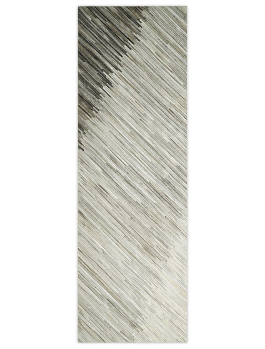 Quick Ship 2.6x8 Handmade Modern Stripe Gray And Ivory Leather Rug - The Rug Decor