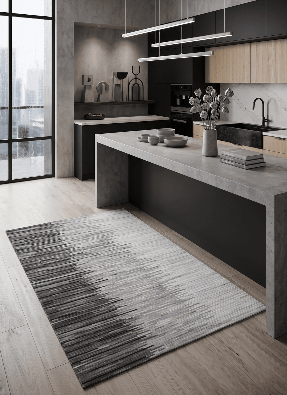 Quick Ship 2.6x8 Modern Stripes Gray and Silver Handmade Leather Rug - The Rug Decor