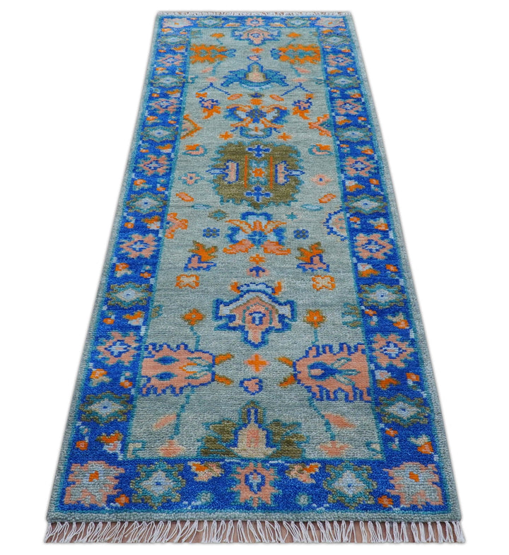 Quick Ship 2.6x8 Traditional Silver And Blue Hand Knotted Wool Rug - The Rug Decor