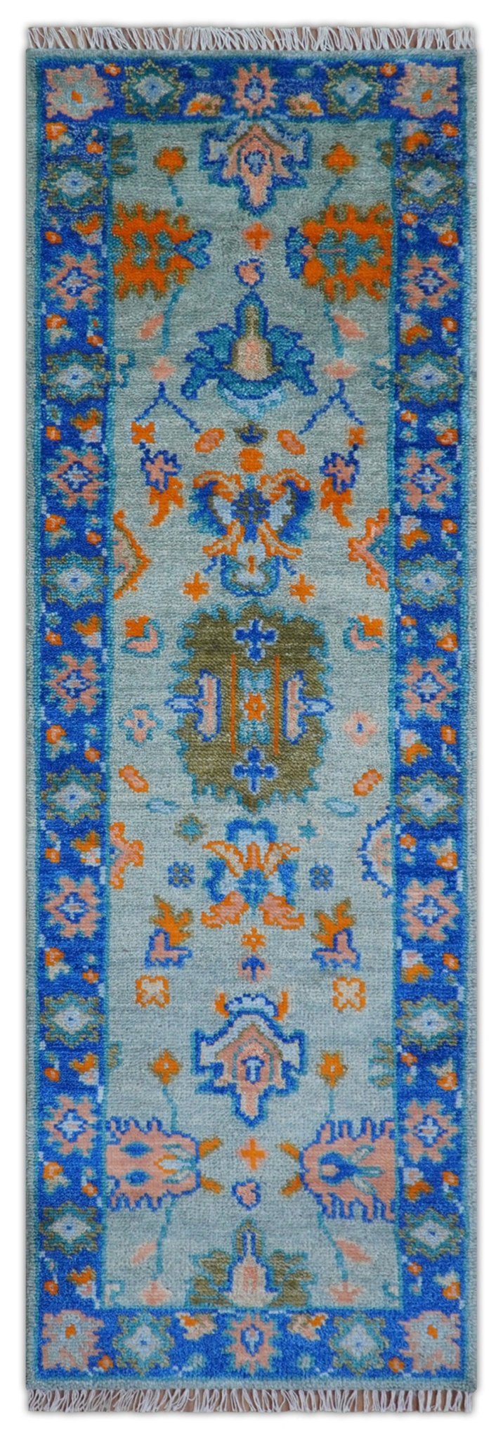 Quick Ship 2.6x8 Traditional Silver And Blue Hand Knotted Wool Rug - The Rug Decor