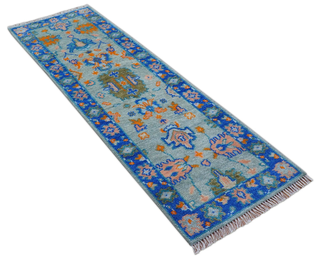 Quick Ship 2.6x8 Traditional Silver And Blue Hand Knotted Wool Rug - The Rug Decor