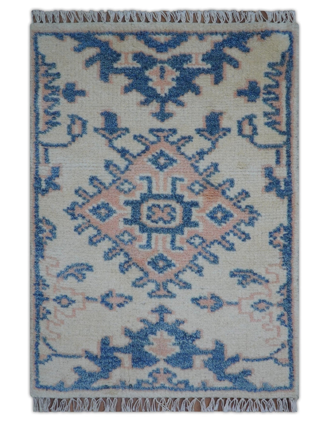 Quick Ship 2x3 Traditional Style Ivory And Blue Hand Knotted Wool Rug - The Rug Decor