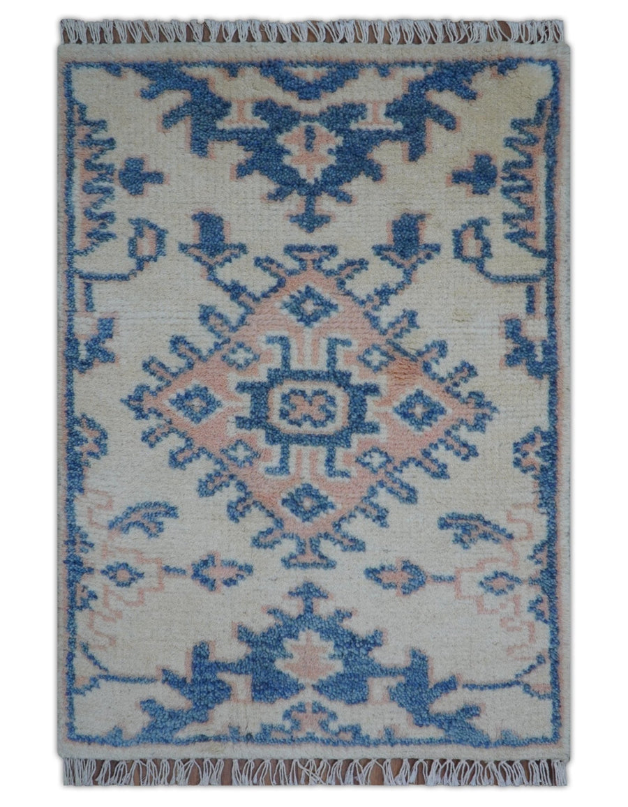 Quick Ship 2x3 Traditional Style Ivory And Blue Hand Knotted Wool Rug - The Rug Decor