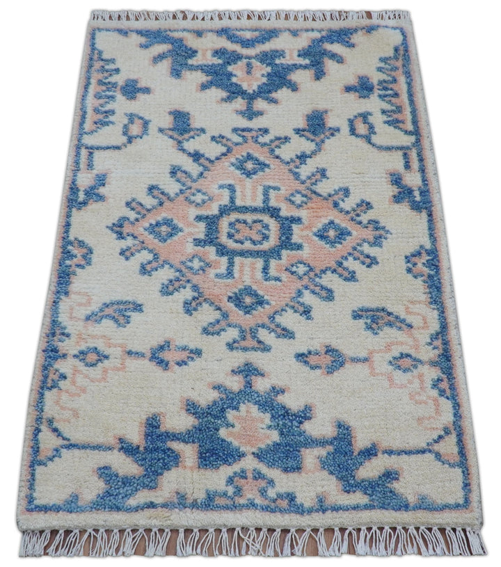 Quick Ship 2x3 Traditional Style Ivory And Blue Hand Knotted Wool Rug - The Rug Decor