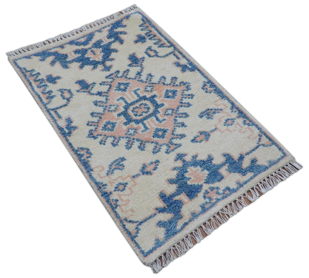 Quick Ship 2x3 Traditional Style Ivory And Blue Hand Knotted Wool Rug - The Rug Decor