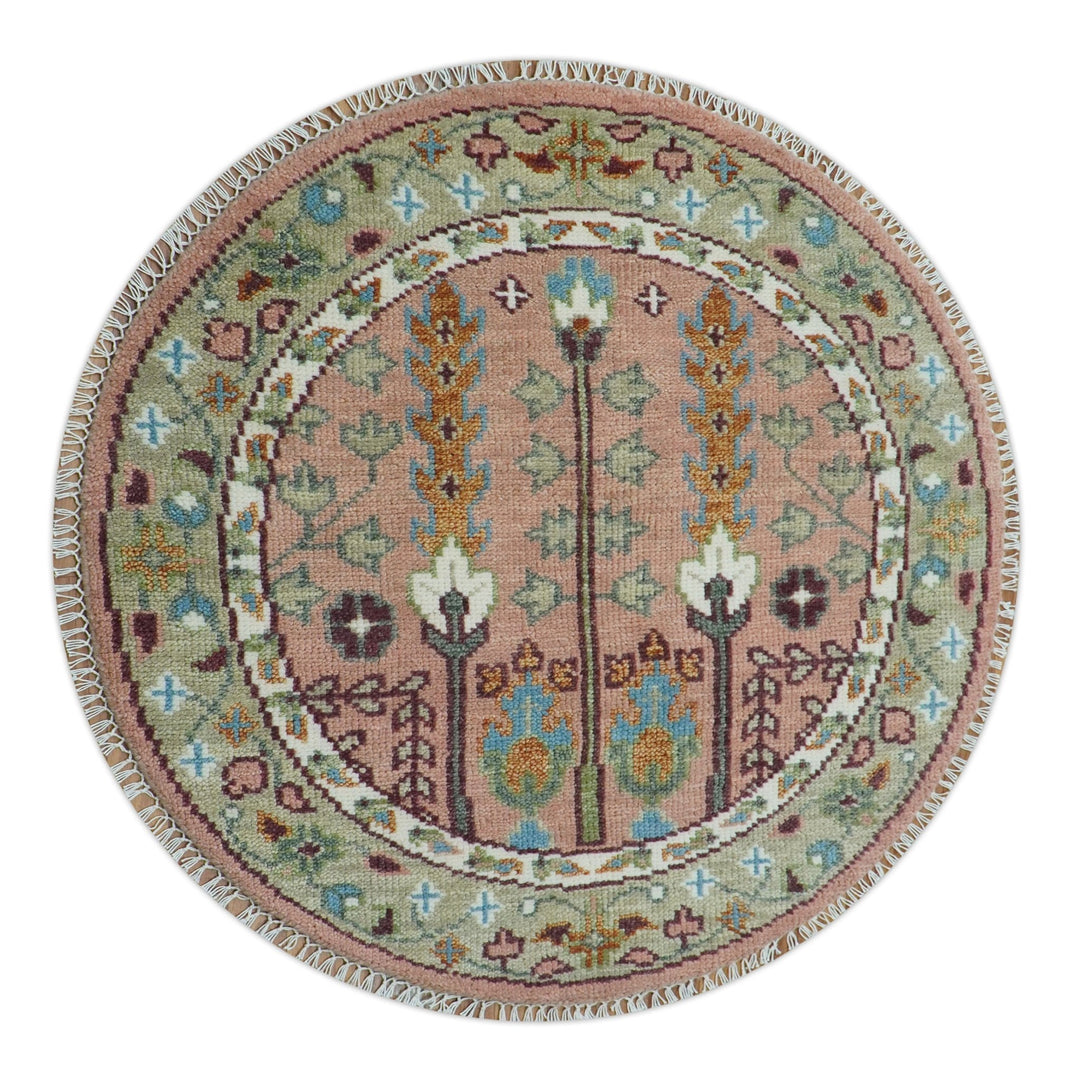 Quick Ship 4x4 Round Hand Knotted Pink and Olive Tree of life Wool Rug - The Rug Decor
