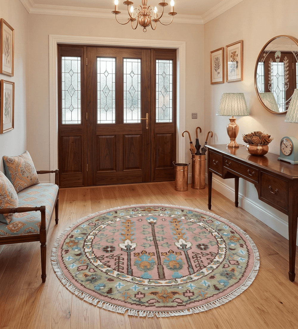 Quick Ship 4x4 Round Hand Knotted Pink and Olive Tree of life Wool Rug - The Rug Decor
