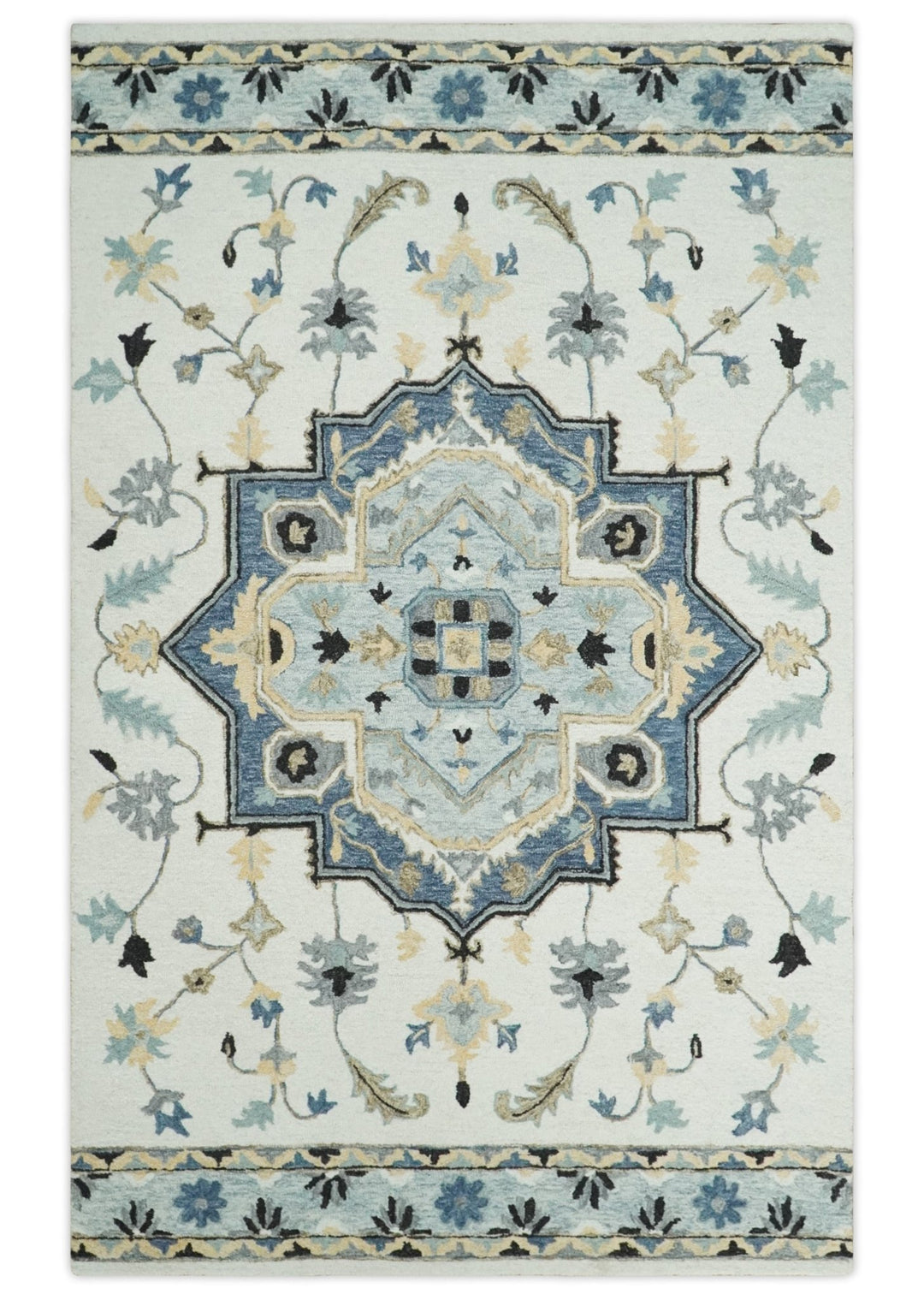 Quick Ship 5x8 Ivory And Blue Medallion Design Hand Tufted Wool Rug - The Rug Decor