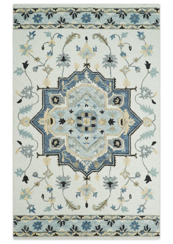 Quick Ship 5x8 Ivory And Blue Medallion Design Hand Tufted Wool Rug - The Rug Decor