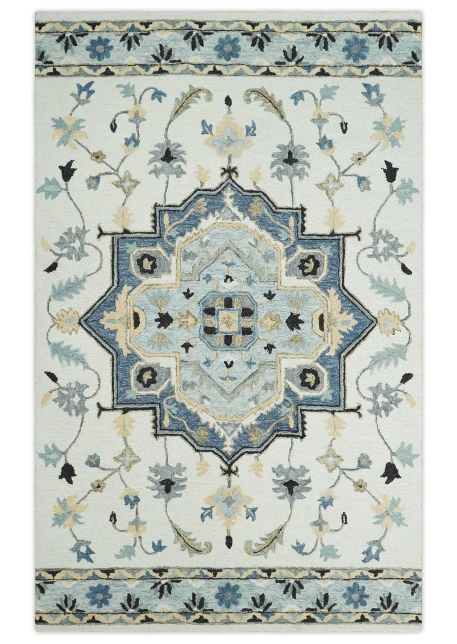 Quick Ship 5x8 Ivory And Blue Medallion Design Hand Tufted Wool Rug - The Rug Decor