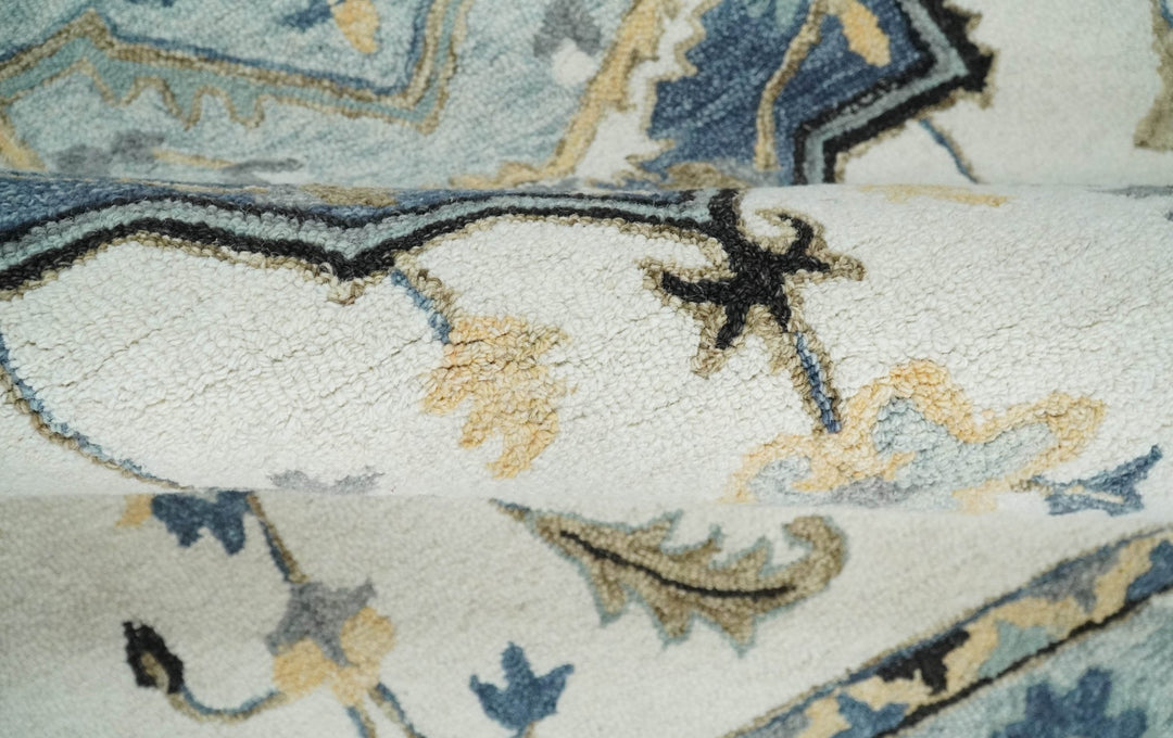 Quick Ship 5x8 Ivory And Blue Medallion Design Hand Tufted Wool Rug - The Rug Decor