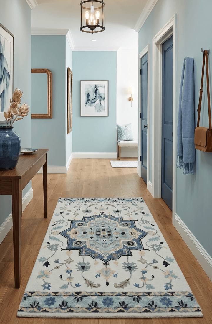 Quick Ship 5x8 Ivory And Blue Medallion Design Hand Tufted Wool Rug - The Rug Decor