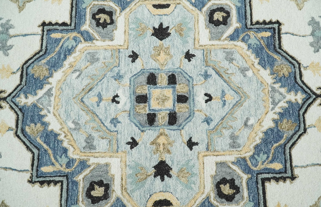 Quick Ship 5x8 Ivory And Blue Medallion Design Hand Tufted Wool Rug - The Rug Decor