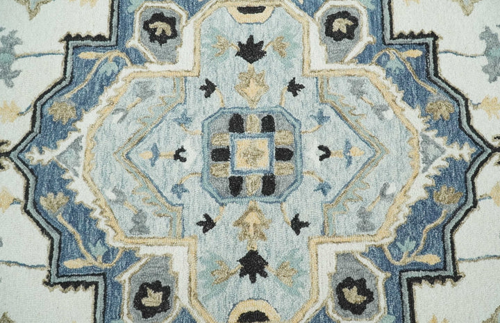 Quick Ship 5x8 Ivory And Blue Medallion Design Hand Tufted Wool Rug - The Rug Decor