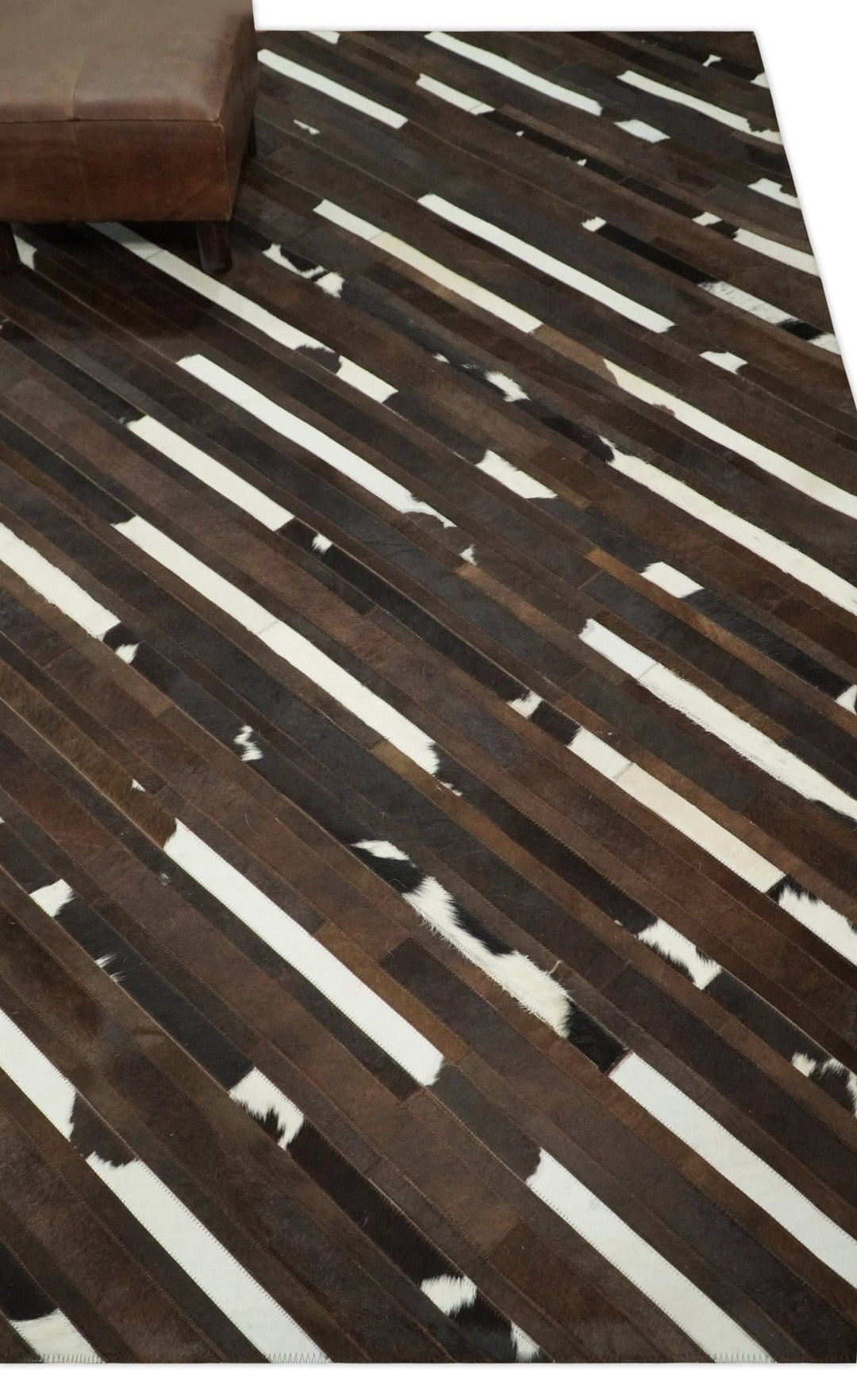 Quick Ship 5x8 Modern Stripe Brown And Ivory Handmade Leather Rug - The Rug Decor