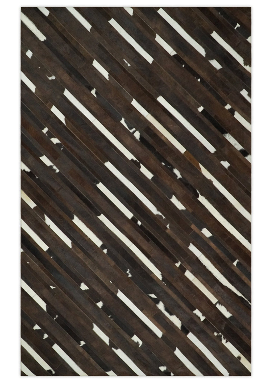 Quick Ship 5x8 Modern Stripe Brown And Ivory Handmade Leather Rug - The Rug Decor