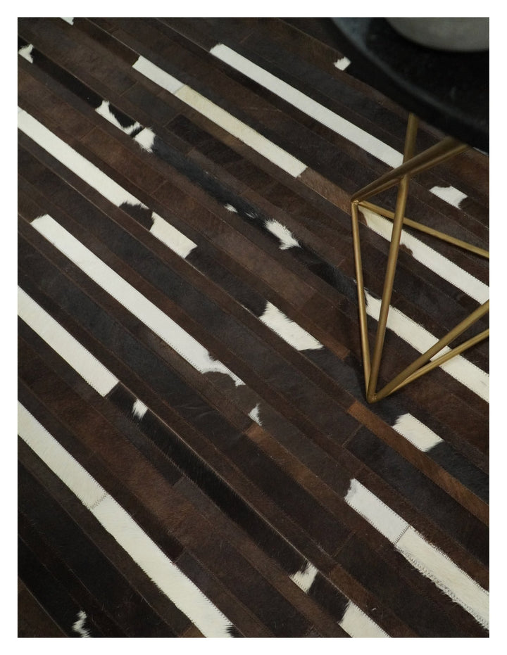 Quick Ship 5x8 Modern Stripe Brown And Ivory Handmade Leather Rug - The Rug Decor