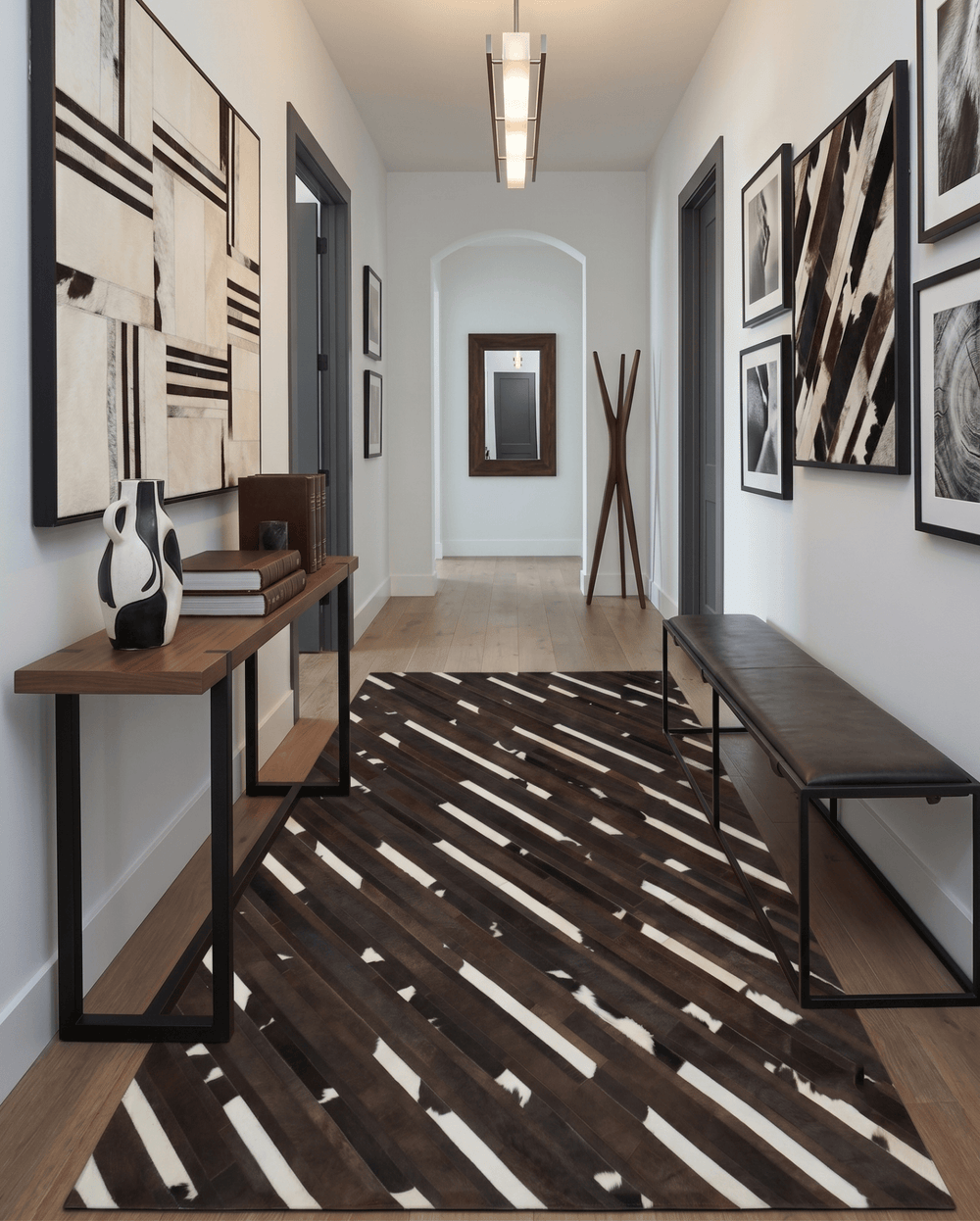 Quick Ship 5x8 Modern Stripe Brown And Ivory Handmade Leather Rug - The Rug Decor