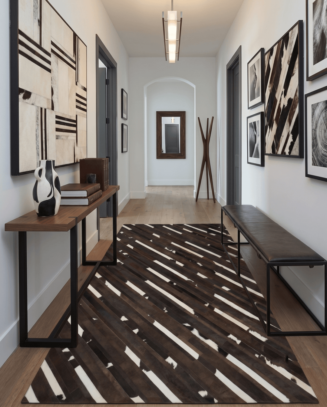 Quick Ship 5x8 Modern Stripe Brown And Ivory Handmade Leather Rug - The Rug Decor