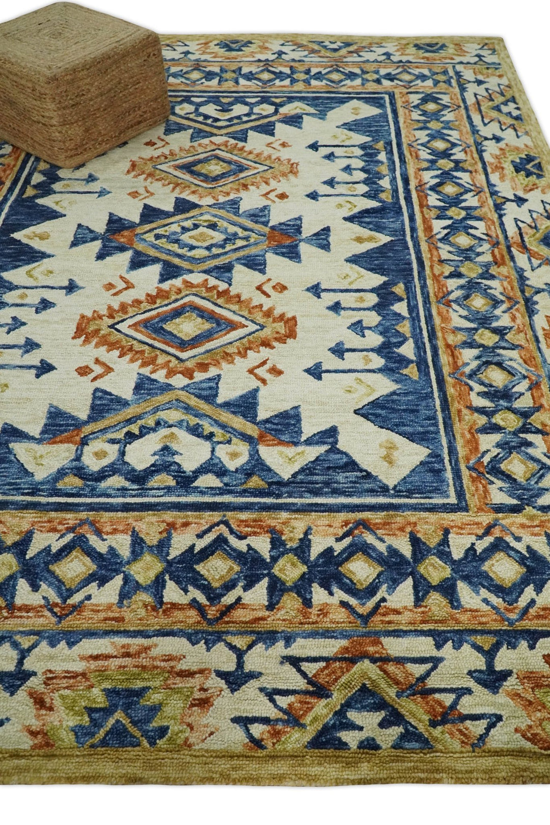 Quick Ship 6x9 Hand Tufted Southwestern Blue And Beige Wool Rug - The Rug Decor
