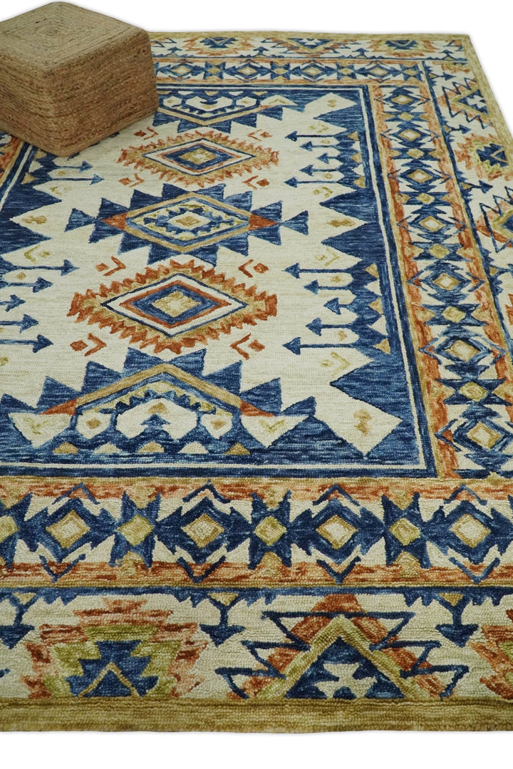 Quick Ship 6x9 Hand Tufted Southwestern Blue And Beige Wool Rug - The Rug Decor