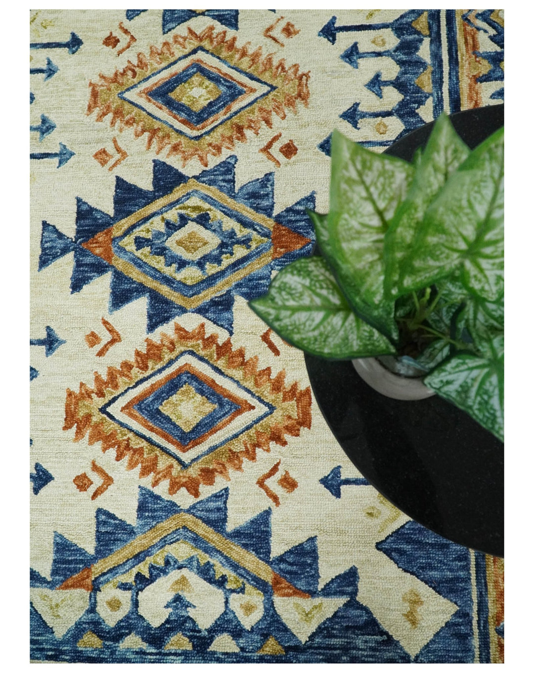Quick Ship 6x9 Hand Tufted Southwestern Blue And Beige Wool Rug - The Rug Decor