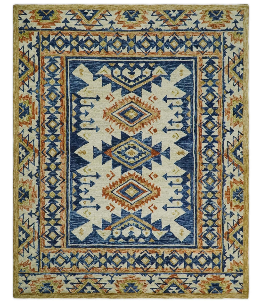Quick Ship 6x9 Hand Tufted Southwestern Blue And Beige Wool Rug - The Rug Decor