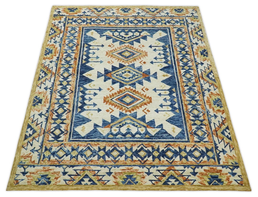 Quick Ship 6x9 Hand Tufted Southwestern Blue And Beige Wool Rug - The Rug Decor