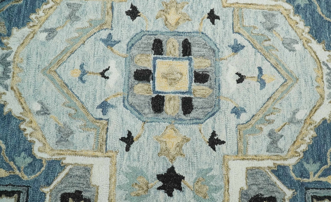 Quick Ship 6x9 Ivory And Blue Medallion Design Hand Tufted Wool Rug - The Rug Decor