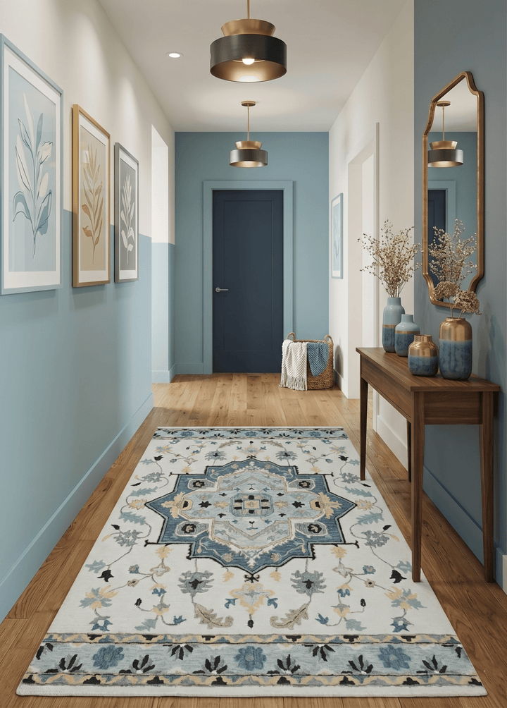 Quick Ship 6x9 Ivory And Blue Medallion Design Hand Tufted Wool Rug - The Rug Decor