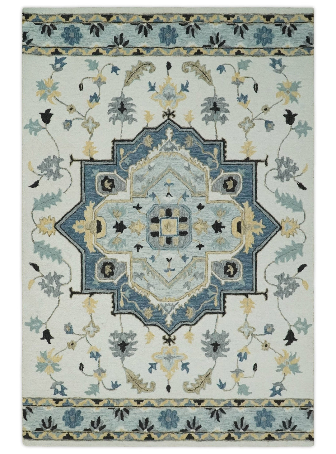 Quick Ship 6x9 Ivory And Blue Medallion Design Hand Tufted Wool Rug - The Rug Decor
