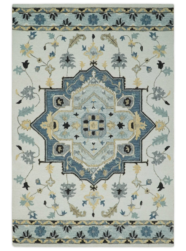 Quick Ship 6x9 Ivory And Blue Medallion Design Hand Tufted Wool Rug - The Rug Decor