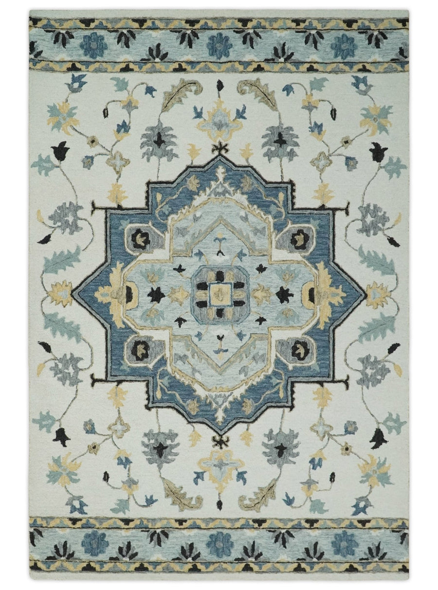 Quick Ship 6x9 Ivory And Blue Medallion Design Hand Tufted Wool Rug - The Rug Decor
