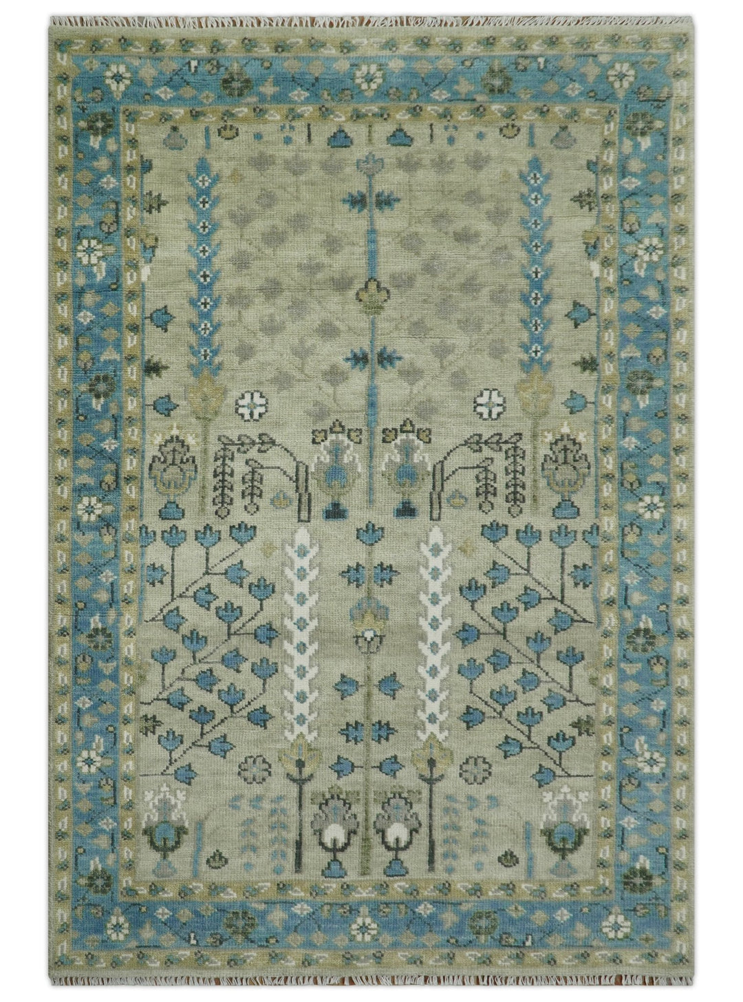 Quick Ship 6x9 Tree of life Beige And Blue Wool Rug - The Rug Decor
