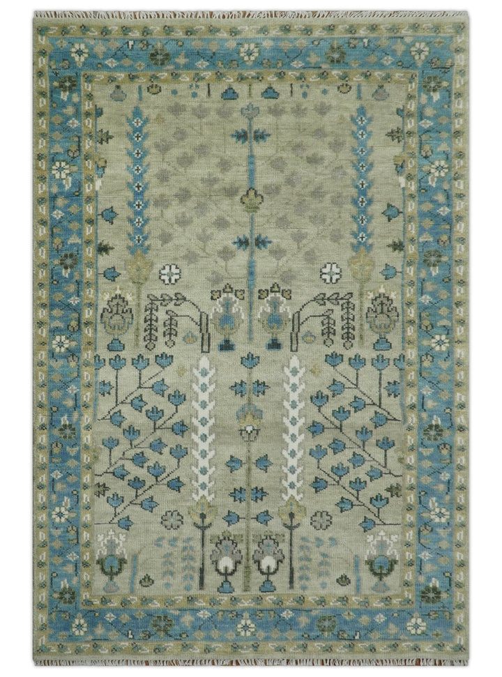 Quick Ship 6x9 Tree of life Beige And Blue Wool Rug - The Rug Decor