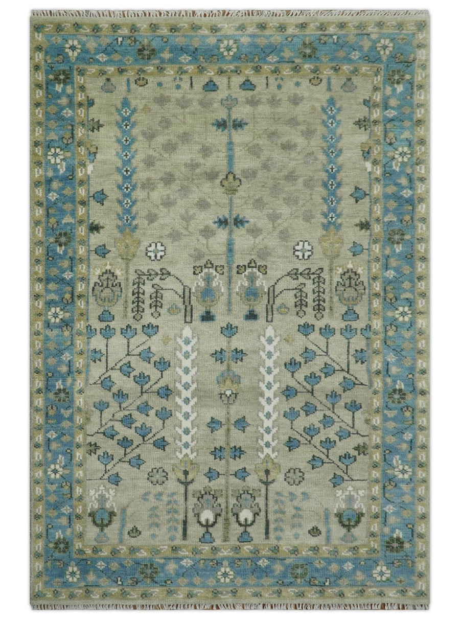 Quick Ship 6x9 Tree of life Beige And Blue Wool Rug - The Rug Decor