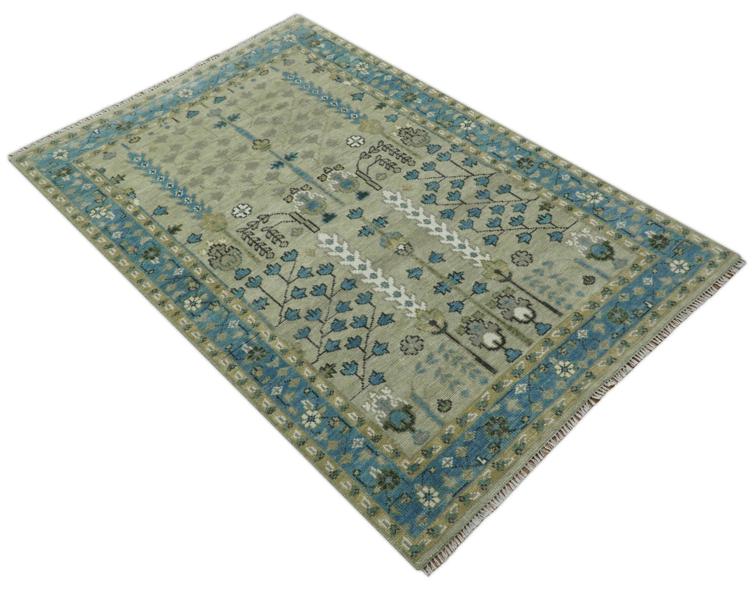 Quick Ship 6x9 Tree of life Beige And Blue Wool Rug - The Rug Decor