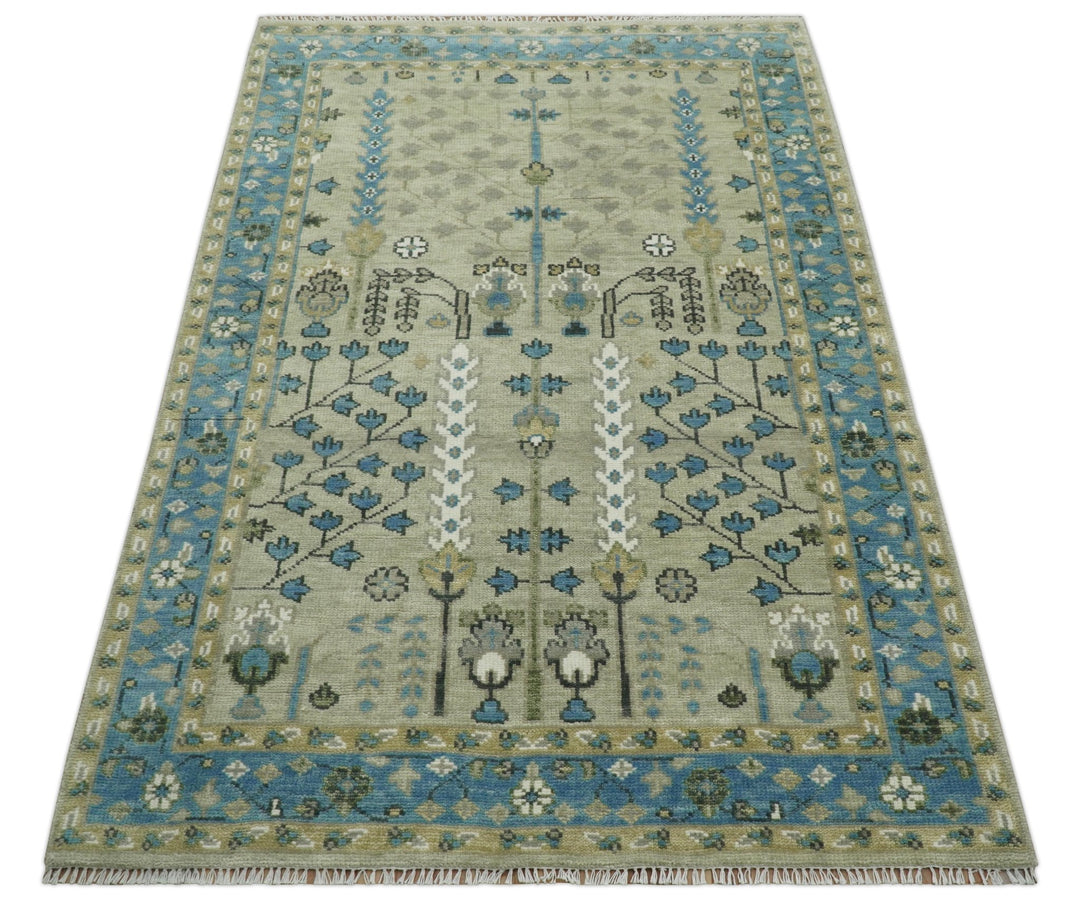 Quick Ship 6x9 Tree of life Beige And Blue Wool Rug - The Rug Decor