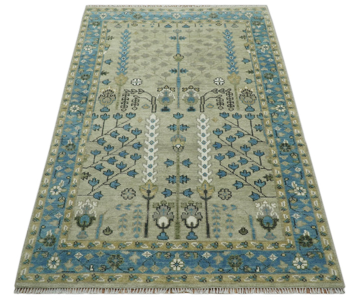 Quick Ship 6x9 Tree of life Beige And Blue Wool Rug - The Rug Decor
