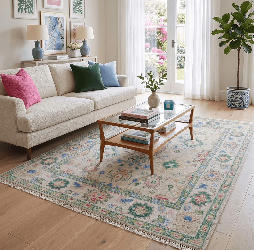 Quick Ship 8x10 Modern Oushak Design Beige And Blue Hand Knotted Rug - The Rug Decor