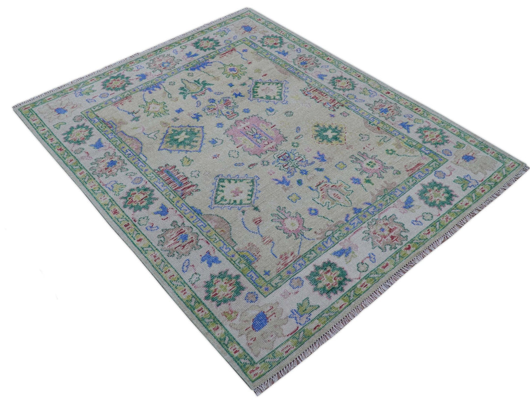 Quick Ship 8x10 Modern Oushak Design Beige And Blue Hand Knotted Rug - The Rug Decor