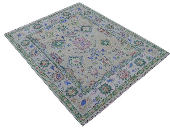Quick Ship 8x10 Modern Oushak Design Beige And Blue Hand Knotted Rug - The Rug Decor