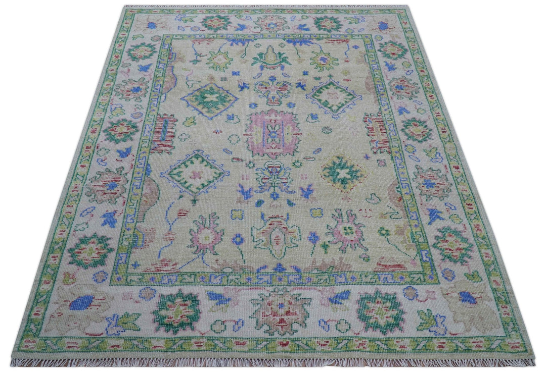 Quick Ship 8x10 Modern Oushak Design Beige And Blue Hand Knotted Rug - The Rug Decor